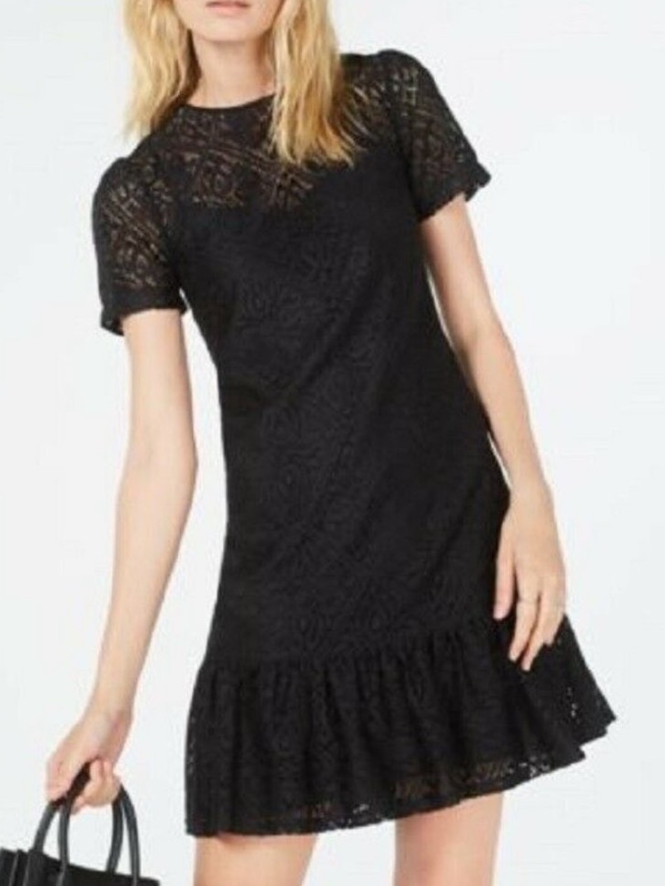 Michael Kors Black Lace Short Sleeve Ruffle Hem Mini Dress